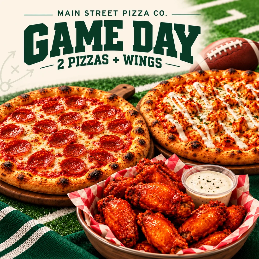 Main Street Pizza Co. game day ad: 2 pizzas + wings